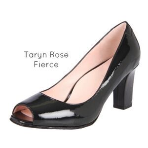 Taryn Rose ‘Fierce’ Peep-Toe Mid-Heel Pump in Black Patent Leather A9